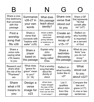 Bible Study Bingo John Ch1:15 - 28 Bingo Card