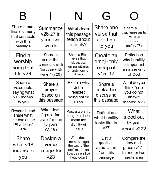 Bible Study Bingo John Ch1:15 - 28 Bingo Card