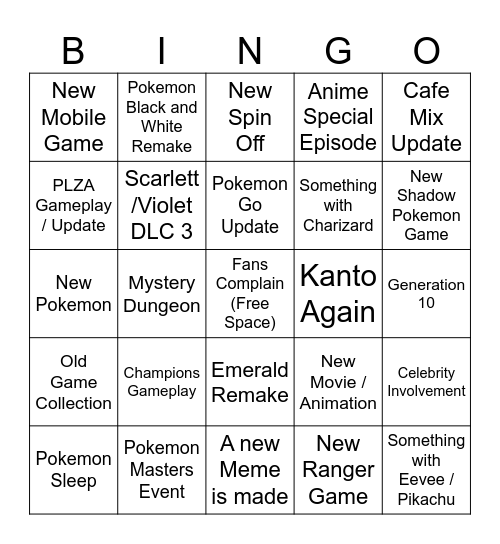 Pokemon Presents Bingo Card