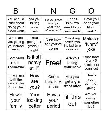 What Susan will ask me Bingo Card