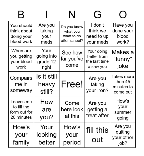 What Susan will ask me Bingo Card