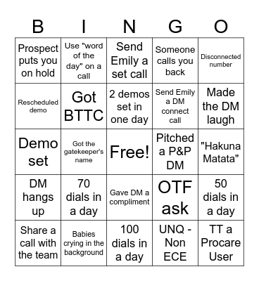 Cold Call Bingo Card