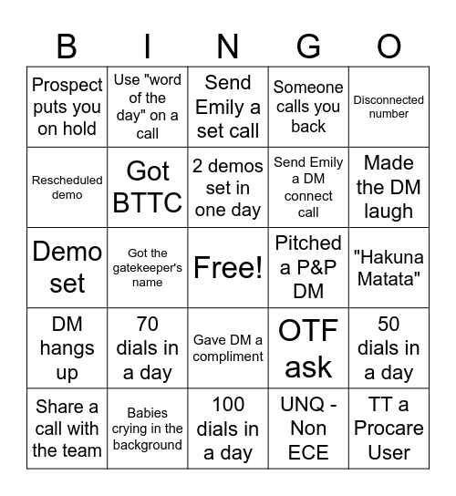 Cold Call Bingo Card