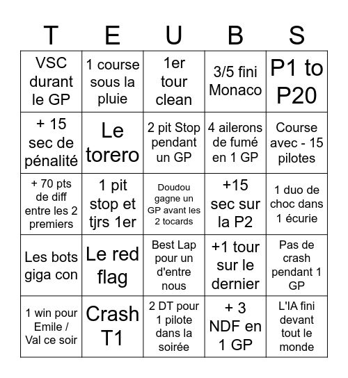 Bingo F1 Team Bambix Bingo Card