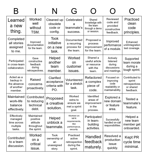 25.3 Release Retrospective Bingo Card