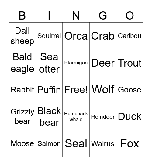 Alaska Wildlife Bingo Card