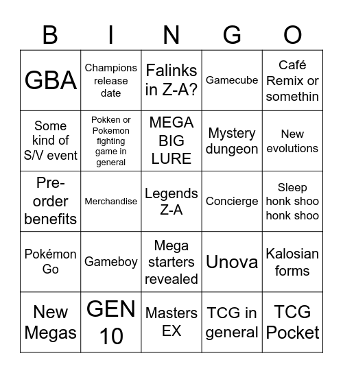 Pokemon Presents Bingo Card