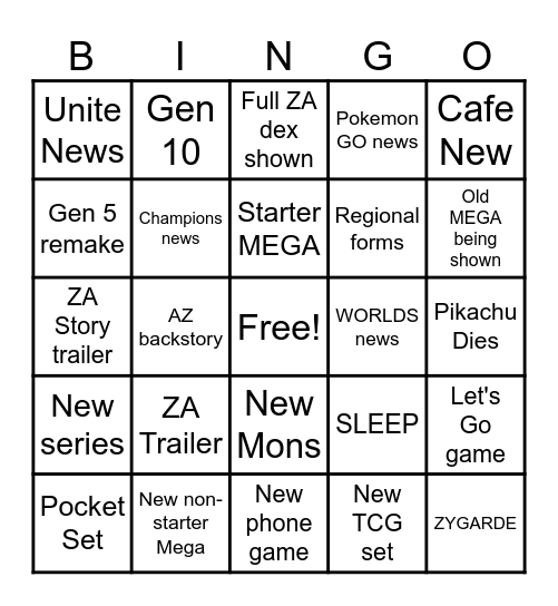 Pokemon Presents Bingo Card