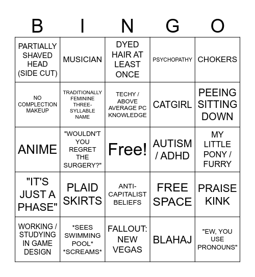 Trans-Feminine Bingo Card