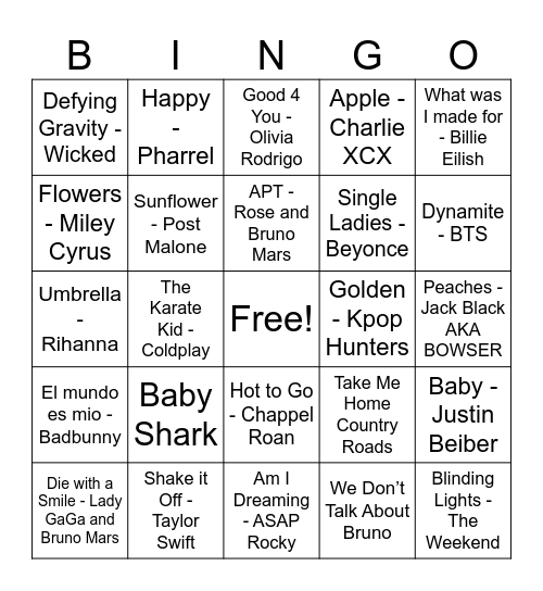 Teen Music Bingo Card