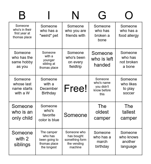 Friendship Bingo Card