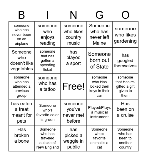 Getting to Know You! Bingo Card