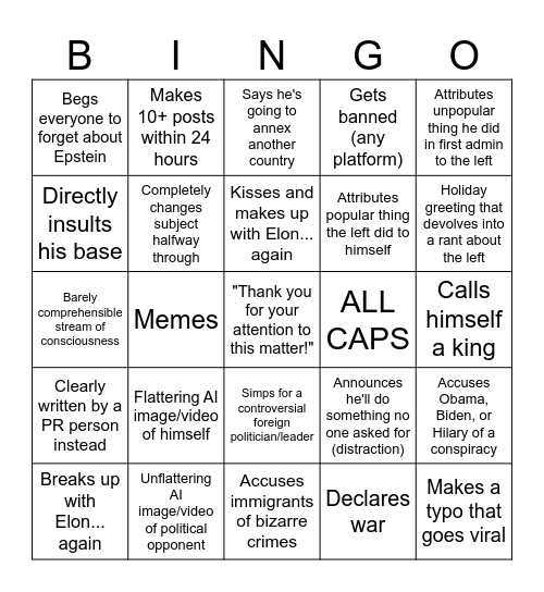 Trump Social Media Post Bingo Card