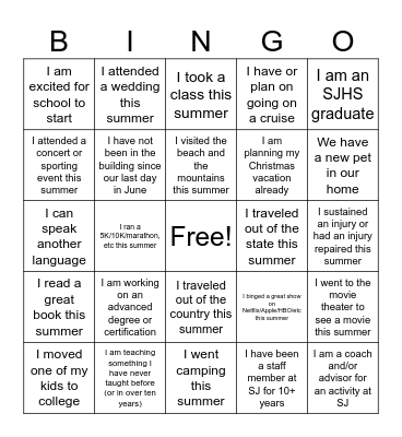 Back to School Bingo Card