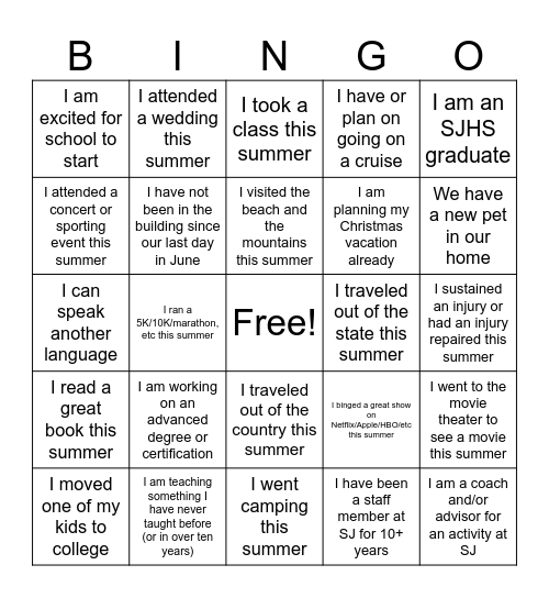 Back to School Bingo Card