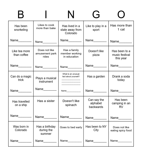 Get to know your coworkers BINGO Card