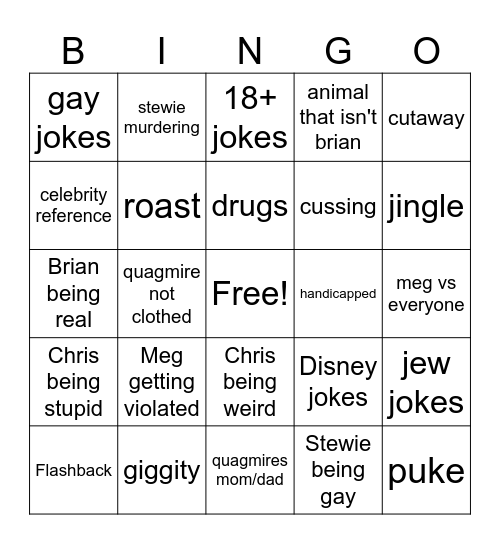 Family Guy Bingo Card