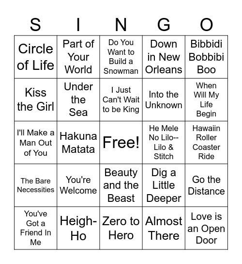 SING-O Bingo Card