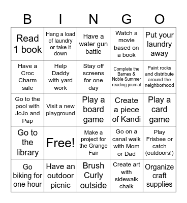 Summer Activities Bingo Card