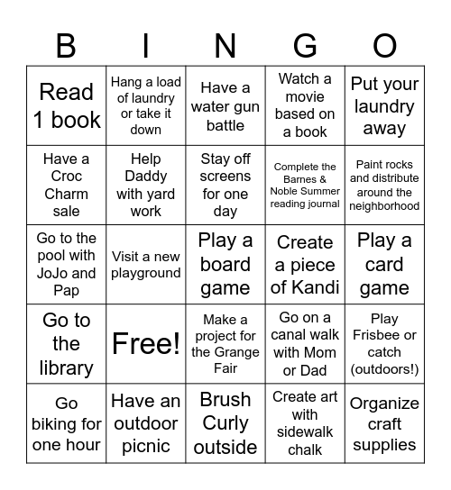 Summer Activities Bingo Card