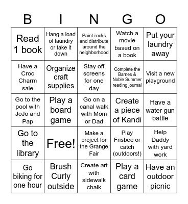 Summer Activities Bingo Card