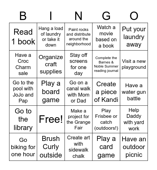 Summer Activities Bingo Card