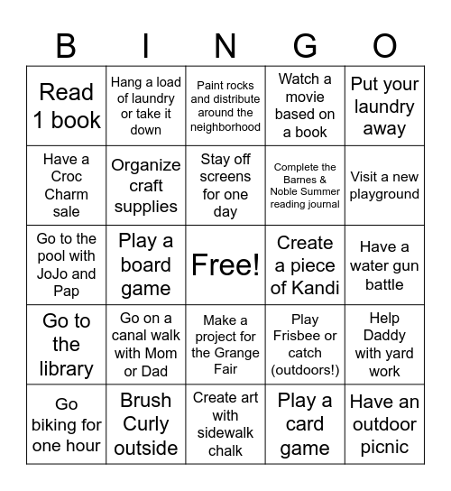 Summer Activities Bingo Card
