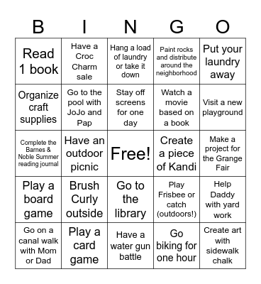 Summer Activities Bingo Card