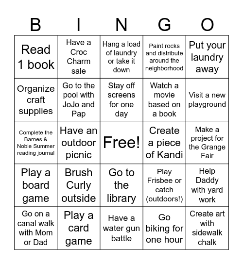 Summer Activities Bingo Card