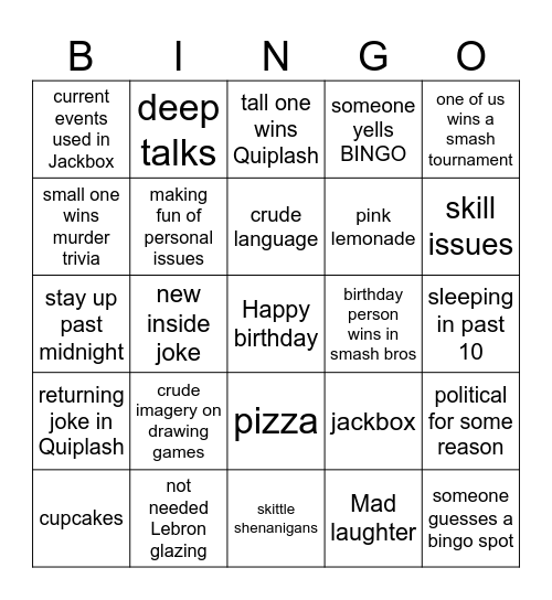 Birthday Bash Bingo Card