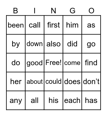 Jump Start Sight Words Bingo Card