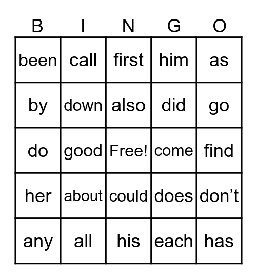 Jump Start Sight Words Bingo Card