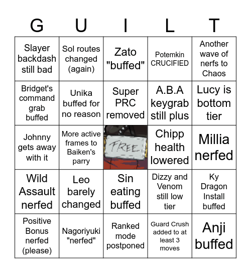 GGST Lucy Patch Notes Bingo Card