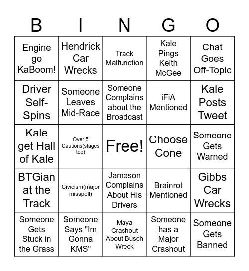 BTG CUP RACEDAY BINGO Card