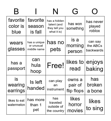 Get To Know You Bingo Card