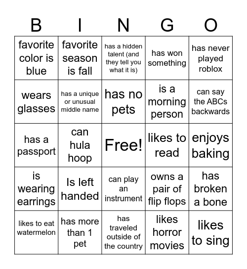 Get To Know You Bingo Card