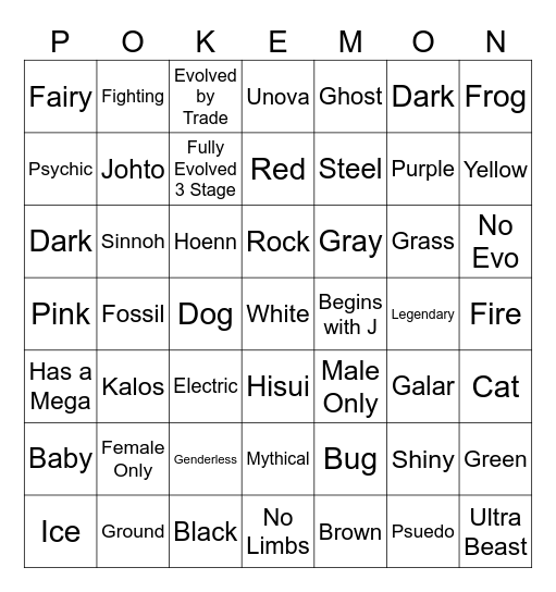 Pokemon Bingo Card