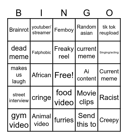 Instagram reel bingo Card