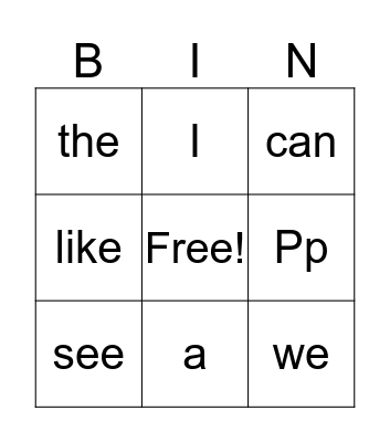 Sight Words Bingo Card