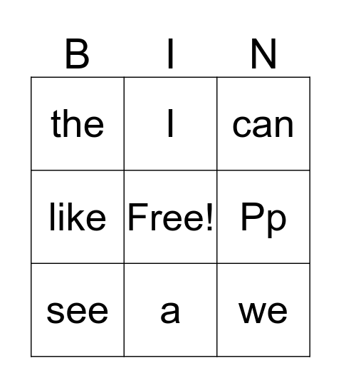 Sight Words Bingo Card