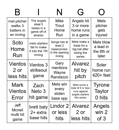 Mets Angels Series Bingo Card