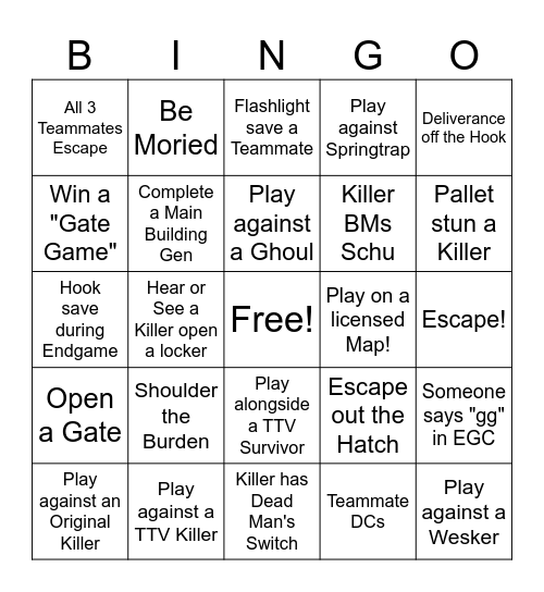 DBD Solo Queue Bingo Card