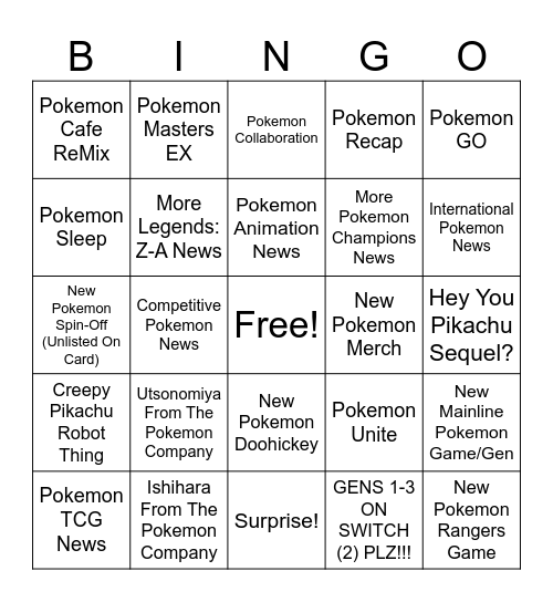 Pokemon Presents 7.22.2025 Bingo Card