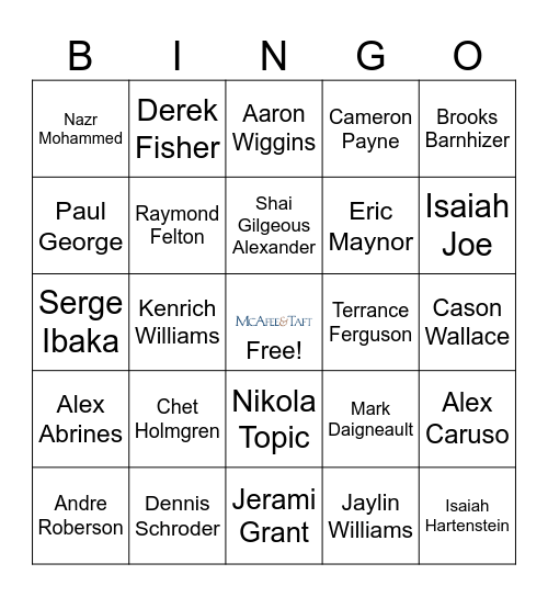 2025 Thunder Bingo Card
