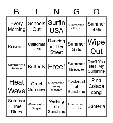Summer Lovin Bingo Card