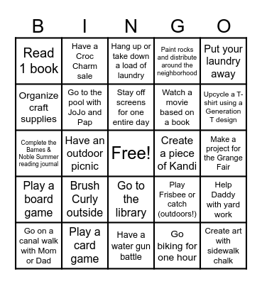 Summer Activities Bingo Card