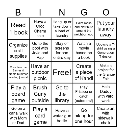 Summer Activities Bingo Card