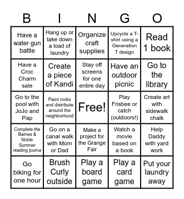 Summer Activities Bingo Card