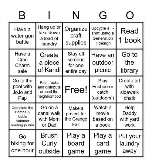 Summer Activities Bingo Card