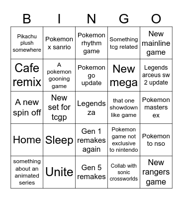 Pokemon direct Bingo Card